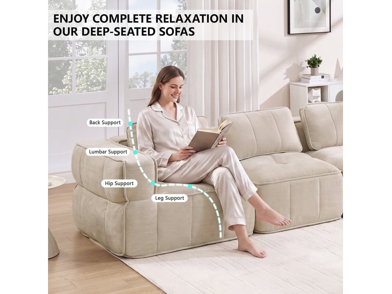  Canapé d'angle modulable compressé 3 places avec pouf, en polyester beige  - Conforama E