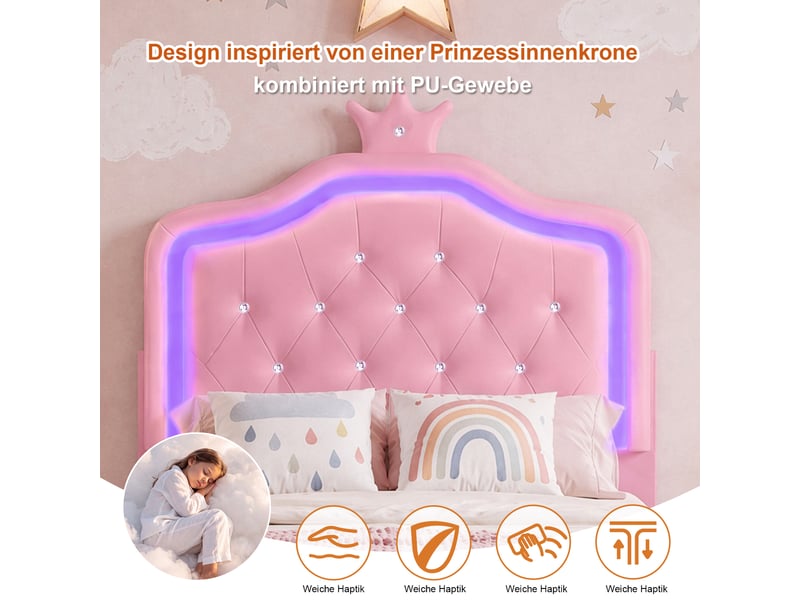 Lit simple enfant 90x200 cm avec led et 1 tiroirs - lit une place - tête de lit réglable en hauteur - pu - cuir -rose - Conforama E