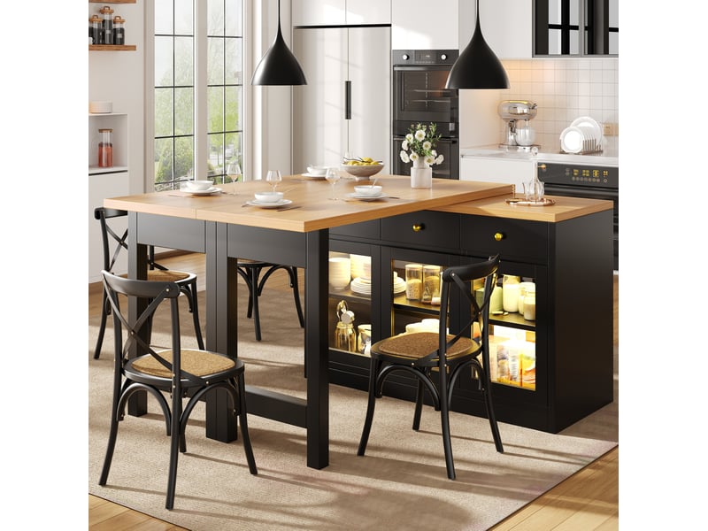  Îlot de cuisine extensible avec led, 3 tiroirs et 3 portes vitrées, noir, 120-200 x 40 x 75,5 cm  - Conforama B