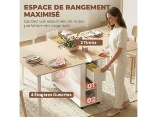 Table à manger pliante pour 6 personnes 39-168 cm, blanc, table de cuisine avec 2 tiroirs et 4 étagères ouvertes