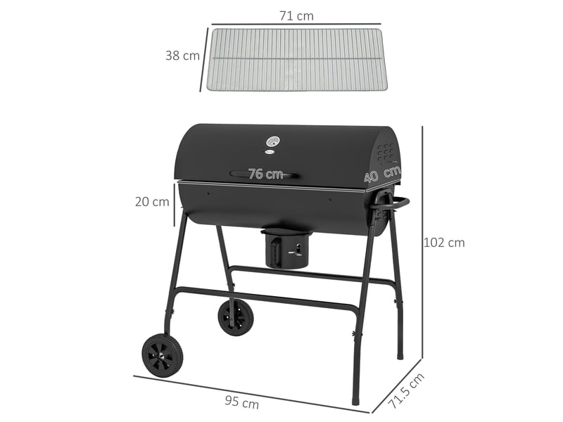  Grill charbon métal bbq smoker 95 x 71,5 x 102 cm – noir – thermomètre, couvercle, roulettes  - Conforama C