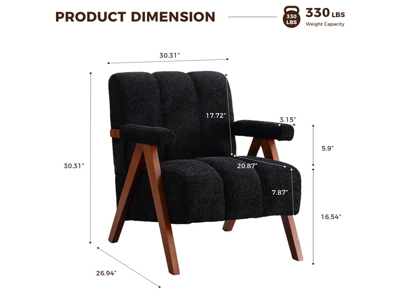 Fauteuil d'appoint rembourré avec accoudoirs et dossier segmenté, pour salon, en chêne massif noir - Conforama D