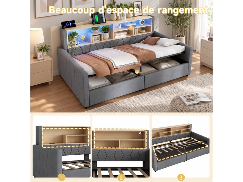  Lit banquette coffre 90 x 200 cm gris, rangement hydraulique, led, prises usb-a et usb-c, sans matelas  - Conforama E
