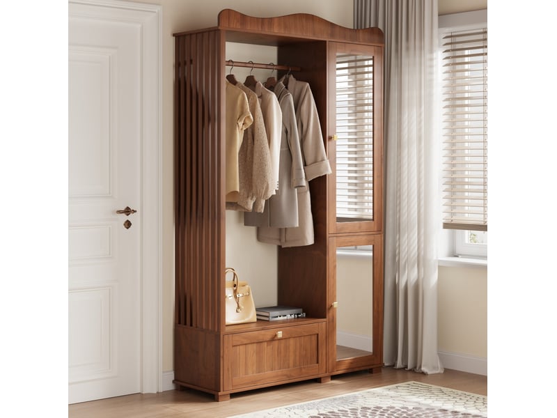  Armoire vestiaire 115,5x38,5x194,5 cm mdf noyer avec miroir, 2 portes et tiroir  - Conforama D