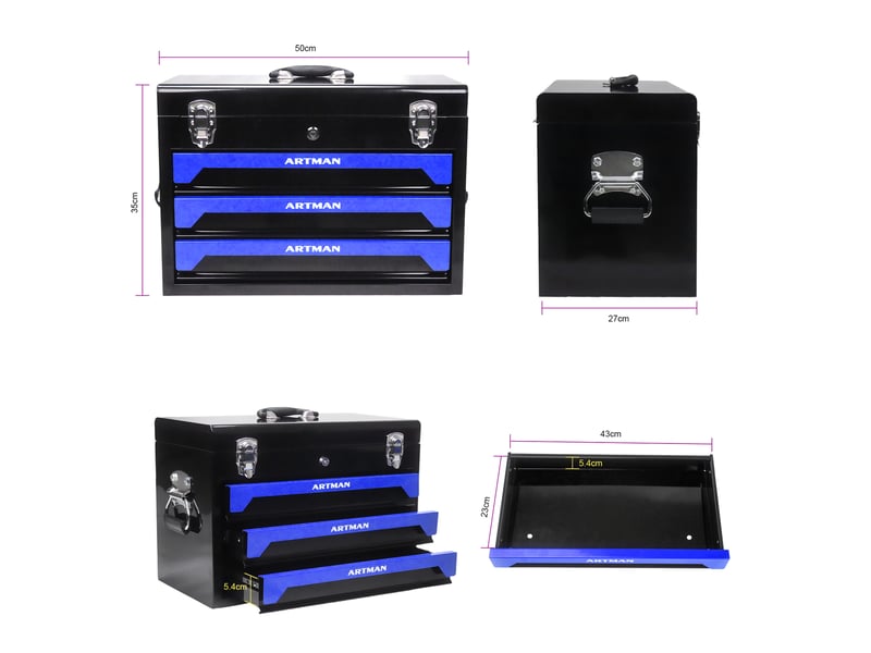 Meuble de rangement avec 3 tiroirs à glissières à billes et plateau pour atelier, noir et bleu, 50 × 27 × 35 cm - Conforama E