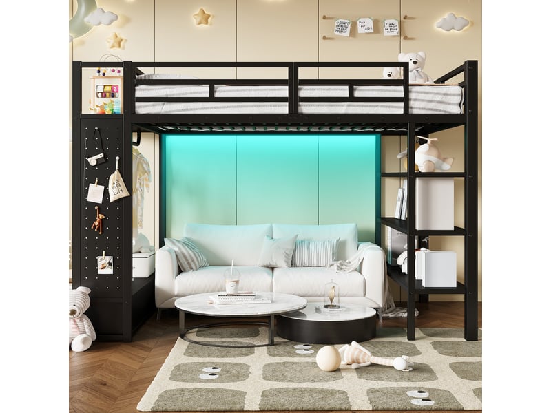 Lit mezzanine 140x200, 2 places, avec rangements, led et échelle, métal noir - Conforama E