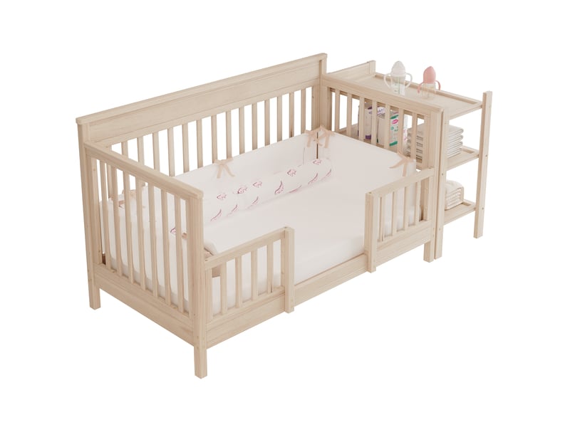  Lit bébé 3 en 1 184.5x74.5x90 cm en bois de pin naturel avec table à langer  - Conforama A