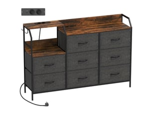 Commode 8 tiroirs en tissu cadre acier marron rustique noir avec station de charge intégrée
