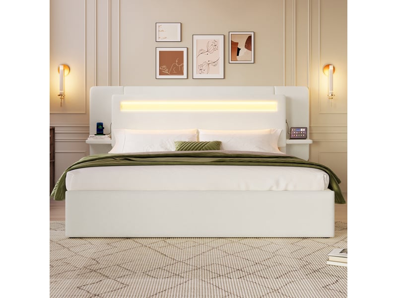  Lit coffre 140 x 200 cm beige, relevage hydraulique, chevet intégré, usb et bandeau led couleur  - Conforama D