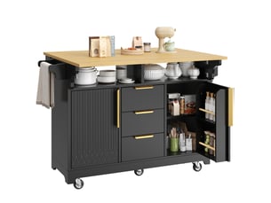 Îlot central de cuisine 120 x 4080 x 95 cm avec plateau extensible, 3 tiroirs et 2 portes, étagères et roulettes, noir