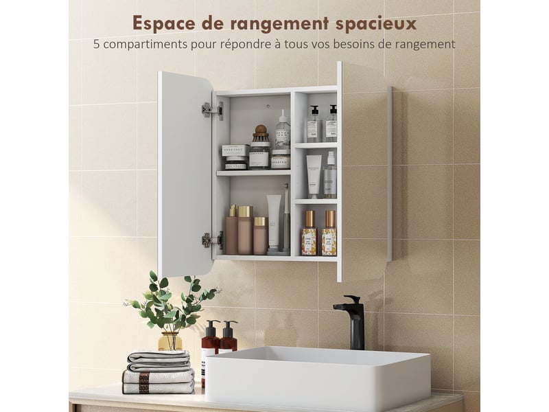 Armoire miroir murale salle de bain design arqué 2 portes dim. 68 x 13 x 66 cm blanc - Conforama E