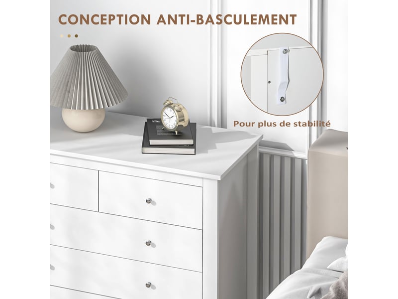 Commode à 5 tiroirs, meuble de rangement, avec poignées, glissières métalliques,  en bois, blanc, 79l x 39,5p x 80,5h cm  - Conforama R