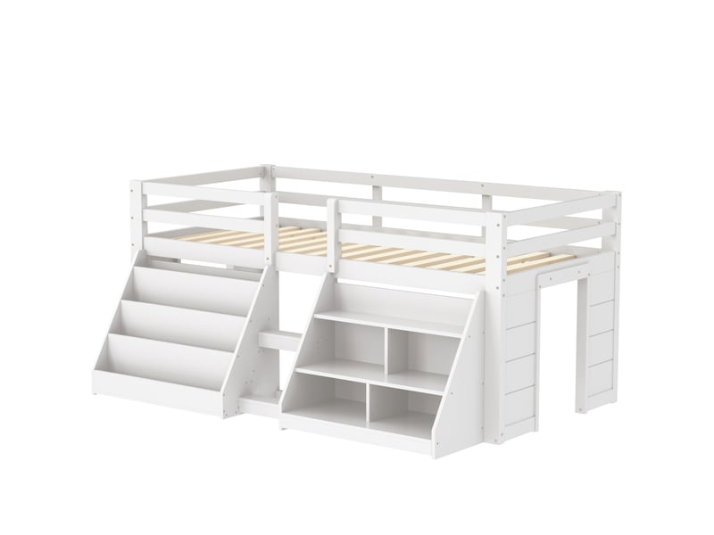  Lit mi-hauteur blanc 90 × 200 cm en pin, étagères de rangement, garde-corps et échelle  - Conforama D