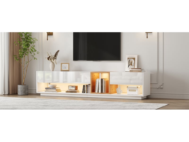  Meuble tv avec 3 portes, niches ouvertes et éclairage led piloté par application pour salon, blanc 190×38×42 cm  - Conforama E