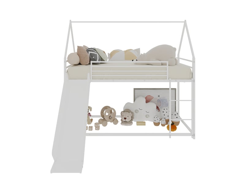  Lit superposé maison 90×190 cm, avec toboggan intégré, escalier d’accès au couchage, pour une chambre enfant  - Conforama A