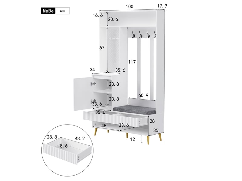  Vestiaire d'entrée ulevr 6-en-1 avec banc à chaussures, rangement, 4 crochets, 2 tiroirs et armoire, 100 x 35 x 180 cm, mdf blanc  - Conforama C