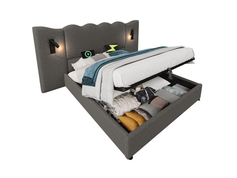  Lit coffre 160x200 cm gris avec lampe de lecture, usb et sommier à lattes  - Conforama A