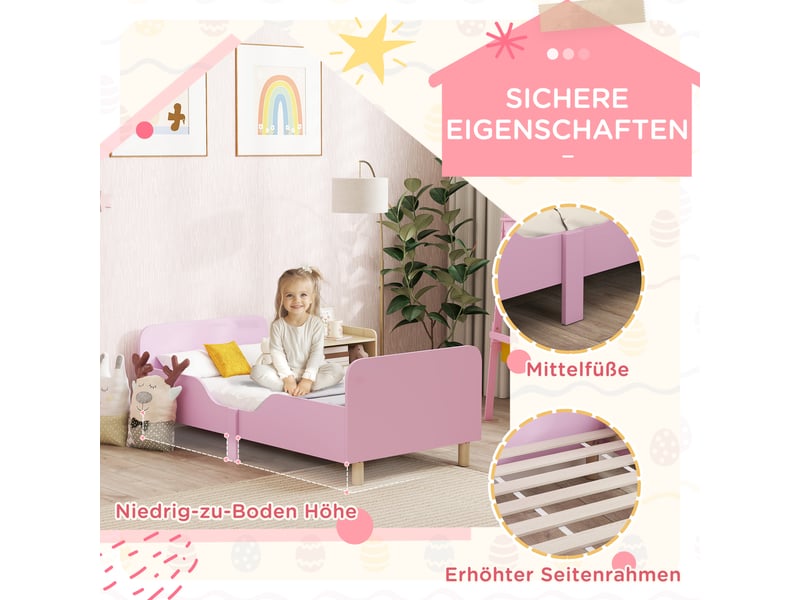  Cadre de lit enfant avec barrière de sécurité mdf et pin rose 143,5 x 74,2 x 50 cm  - Conforama E