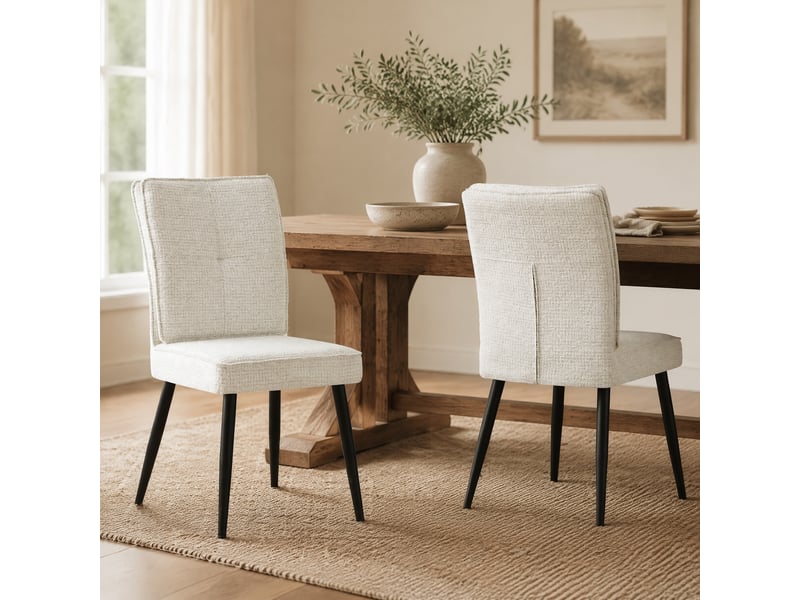  Lot de 2 chaises de salle à manger en chenille et métal blanc crème  - Conforama D