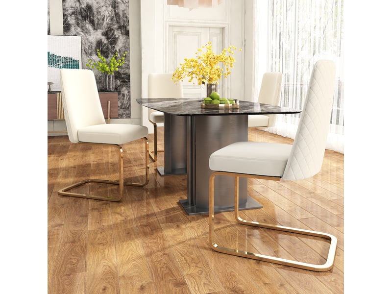  Lot de 4 chaises de salle à manger en velours beige avec pieds en métal doré et dossier à motif losanges  - Conforama C