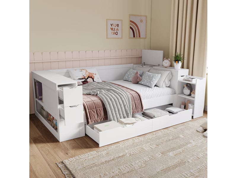  Lit simple enfant 90x200 cm – blanc – daybed avec grand tiroir, rangements et sommier inclus - sans matelas  - Conforama B