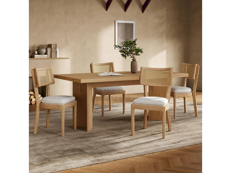  Chaises de salle à manger lot de 4 avec dossier en rotin  - assise rembourrée lin bois massif bois  - Conforama B