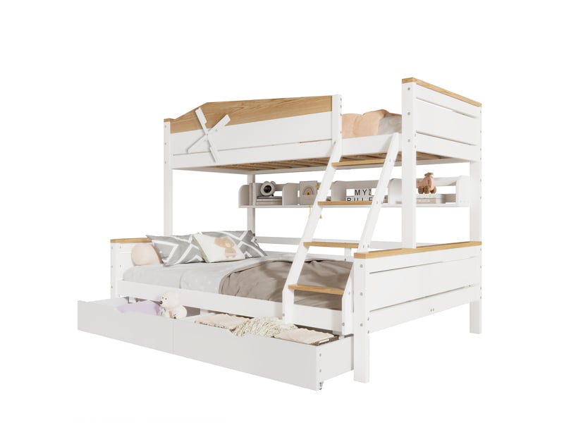 Lit superposé 90+140x200cm, lit enfant avec 2 tiroirs, escalier, moulin à vent et sommiers, rangement, pin+mdf, blanc+naturel - Conforama A