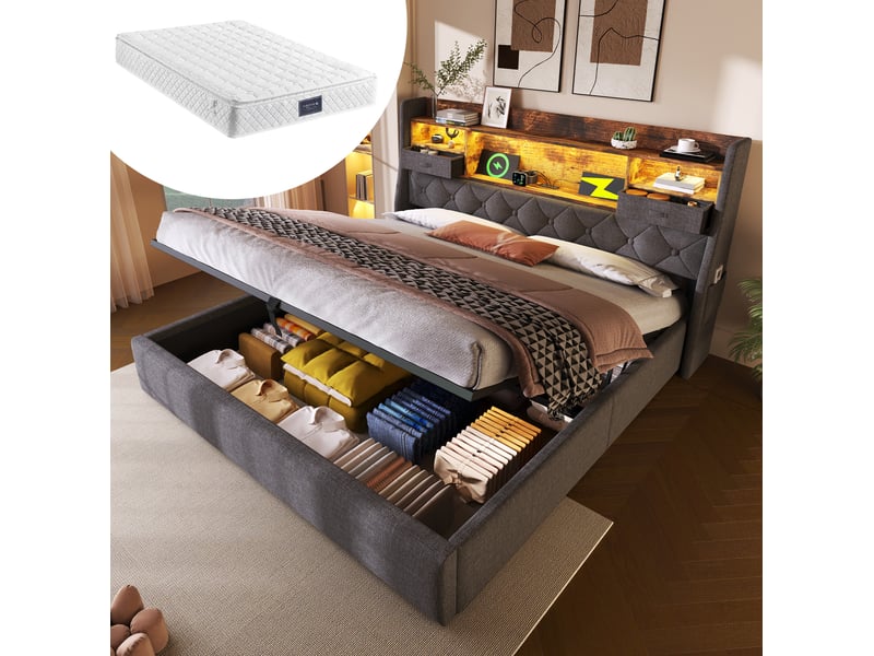  Lit double 160 x 200 cm avec rangement hydraulique, led, chargeurs usbtype-c et matelas gris  - Conforama B