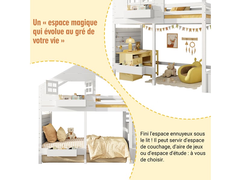  Lit superposé enfant 90x200 en bois massif blanc, lit cabane avec fenêtre, escalier avec rangements et barrière de sécurité.  - Conforama D