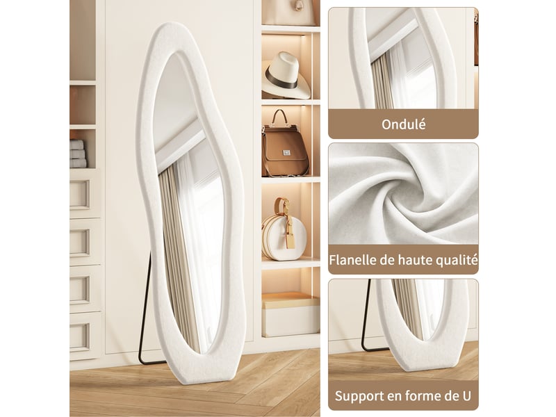Miroir sur pied 160x50 cm blanc,miroir décoratif ,ondulé irrégulier,grand miroir mural avec cadre en flanelle - Conforama E