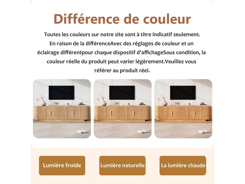  Meuble tv avec 4 portes et rangement fermé, poignées en métal, décor ondulé pour salon, naturel, 180 × 35 × 50 cm  - Conforama E