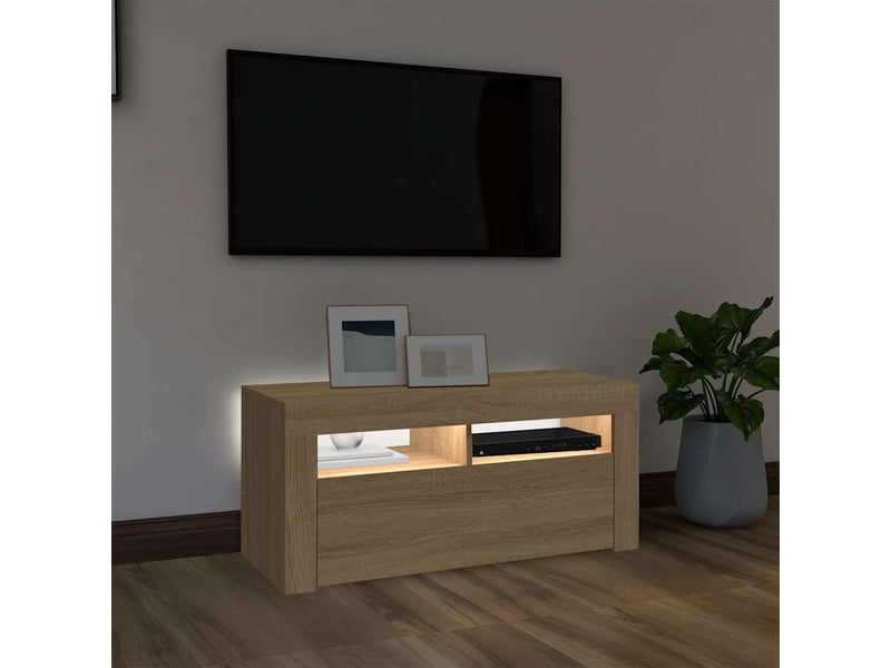  Meuble tv - banc tv - meuble de rangement avec lumières led chêne sonoma 90x35x40 cm  - Conforama C