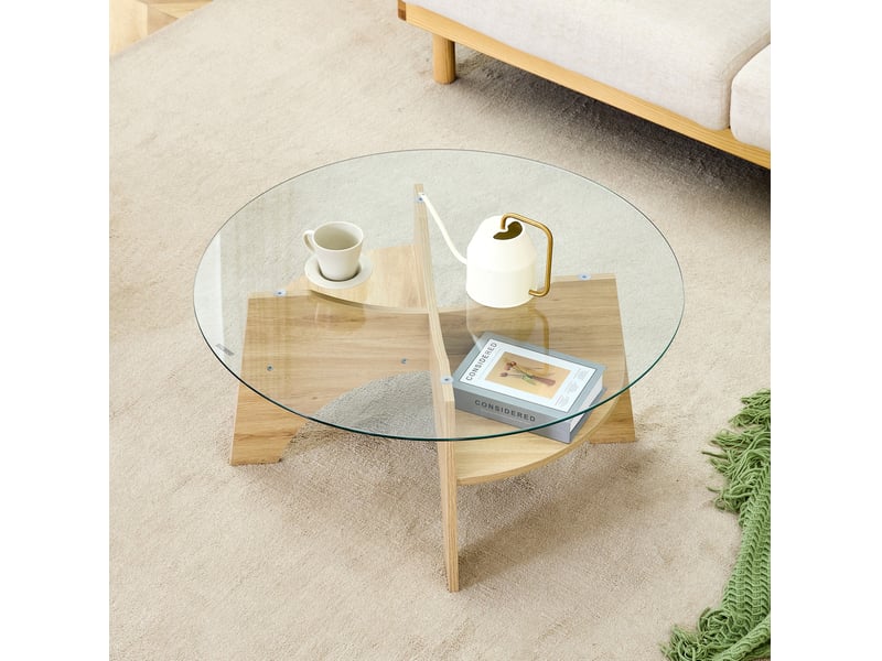  Table basse ulevr ronde en verre transparent ø 80 cm, piètement mdf aspect bois naturel, hauteur 36 cm  - Conforama D
