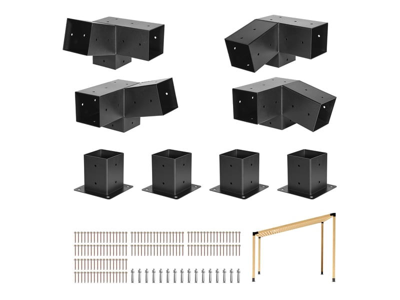 Vevor kit support de pergola, lot de 8, support de poteau bois 92x92 mm, supports deangle a 3 voies, avec 4 bases de poteaux, pour poutres bois standard a toit incline, banquet de fete en plein air  - Conforama A