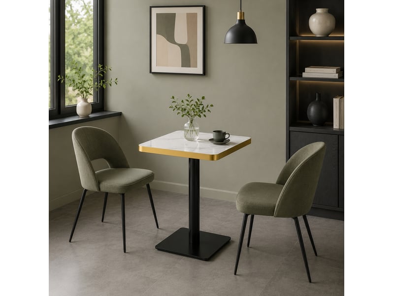  Table à manger carrée avec plateau effet marbre, pied métallique, blanc  - Conforama E