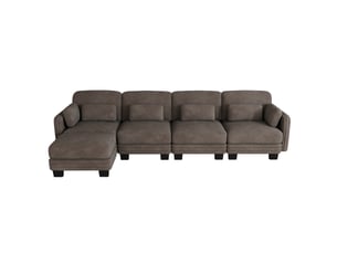 Canapé modulable 4 places en l, revêtement chenille marron, coussins inclus et pouf assorti, pour salon, 330 x 143 x 88 cm