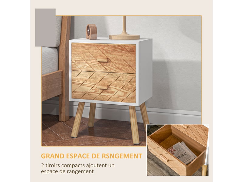  Chevet table de nuit design scandinave tiroirs bois massif pin mdf blanc et hêtre motif graphique 40l x 30l x 56h cm  - Conforama E