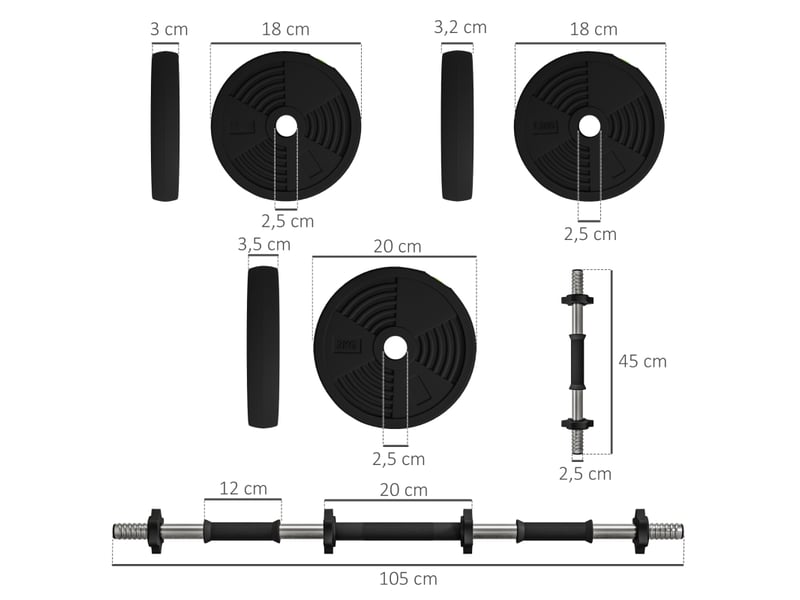 Kit haltères 2 en 1, haltères et barre longue, poids réglable 20 kg pour entraînement à domicile - Conforama B