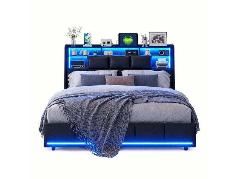 Lit coffre 140x190 avec rangement, lit 2 places avec led et ports usb lit hydraulique avec tête de lit capitonné lit double rembourré avec sommier à lattes lit 2 personnes noir pu, sans matelas - Conforama A