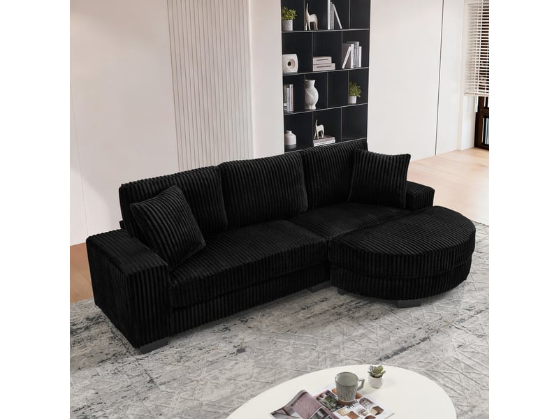 Canapé d’angle 4 places en l 256,5 × 133,5 cm – canapé modulable avec méridienne ovale réversible, tissu velours côtelé, 2 coussins inclus, design moderne – noir - Conforama E