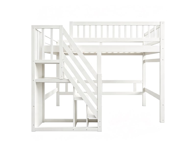  Lit mezzanine 140x200 en bois massif avec escalier de rangement, lit enfant blanc avec barrière de sécurité haute, gain de place  - Conforama A