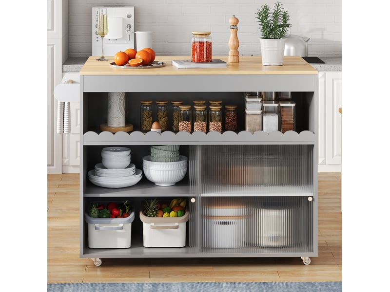  Desserte de cuisine grise 122 x 4669 x 91 cm, plateau rabattable et portes vitrées  - Conforama B