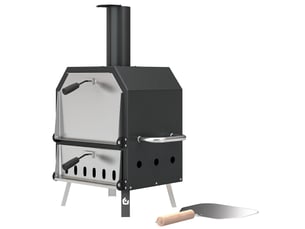 Four à pizza extérieur à bois et charbon 2 étages combiné barbecue fumoir pierre de 30 cm et pelle portable noir