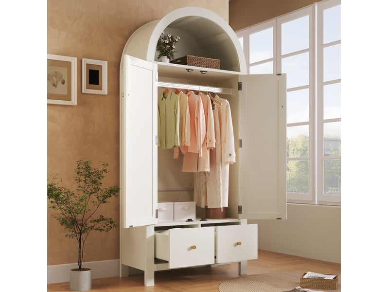 Armoire modenvie 78 x 45 x 181 cm style campagne blanc 2 portes 2 tiroirs penderie avec rangement ouvert mdf et métal - Conforama E