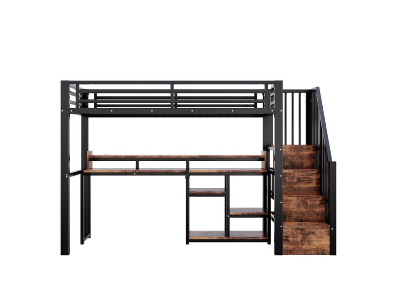  Lit mezzanine 90x200 cm noir, cadre en métal, armoire avec échelle, rangement, usb, type-c, led, sans matelas  - Conforama A
