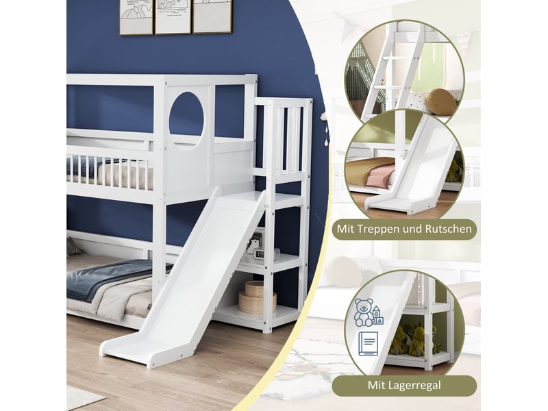 Lit superposé enfant 2 couchages 90x200 cm, toboggan, rangements, sommier à lattes, pin et mdf blanc sans matelas - Conforama E