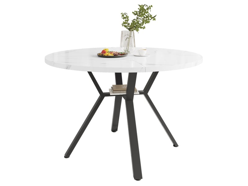  Table à manger ronde 100 cm effet marbre blanc, piètement en métal noir en x, mdf  - Conforama A