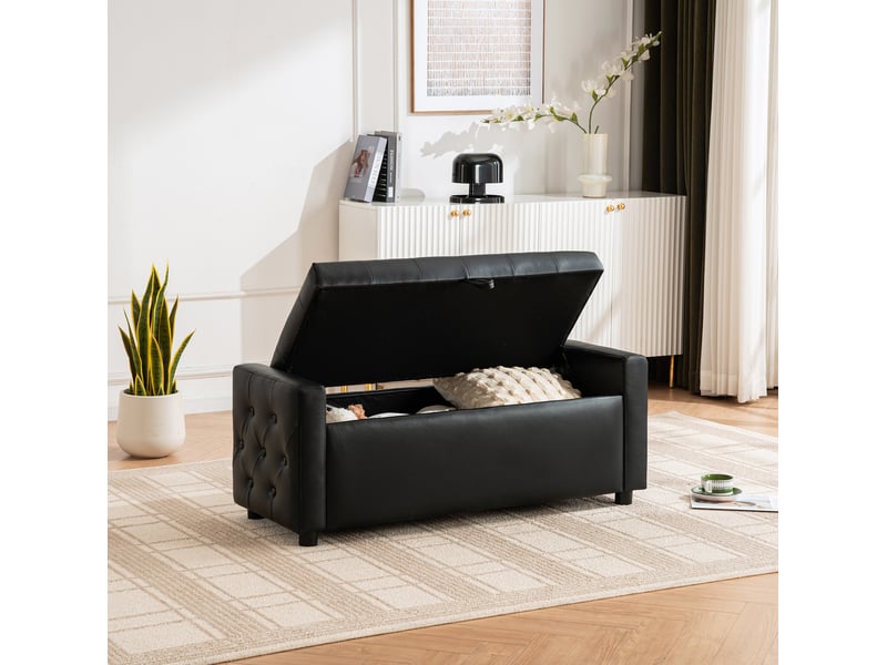  Banc coffre banc de lit 122x45x47 cm, rangement intégré, design simple, similicuir, meuble chambre et salon, en noir  - Conforama B