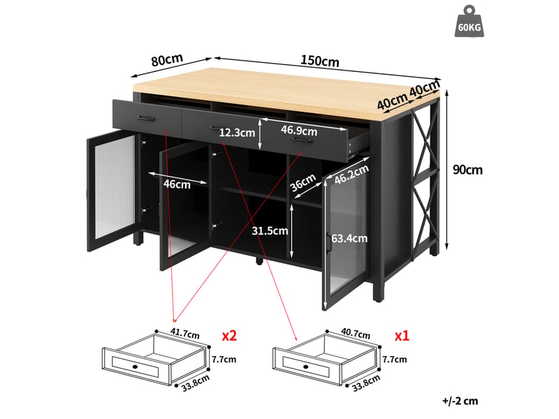 Îlot de cuisine 150x80x90 cm – noir et naturel – 3 tiroirs, portes vitrées, led intégrée, design industriel - Conforama C