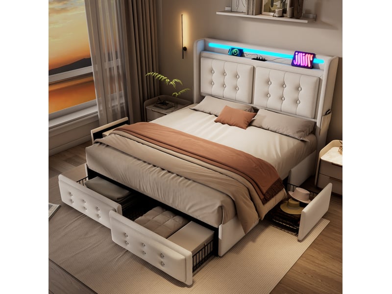  Lit coffre 140 × 200 cm 2 places avec 4 tiroirs, led multicolore, usb et type-c, matelas inclus, beige  - Conforama B